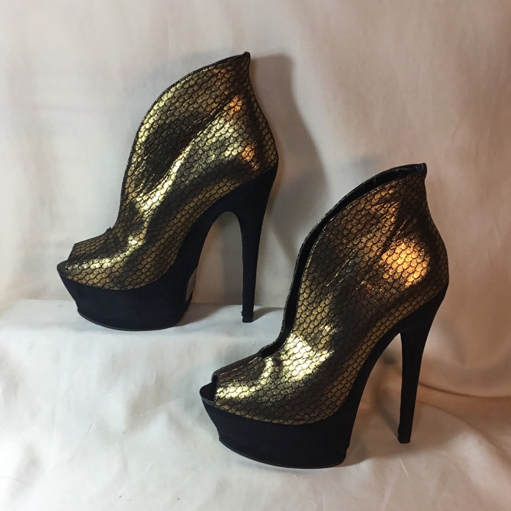 bebe Gold and Black Peep Toe Heels